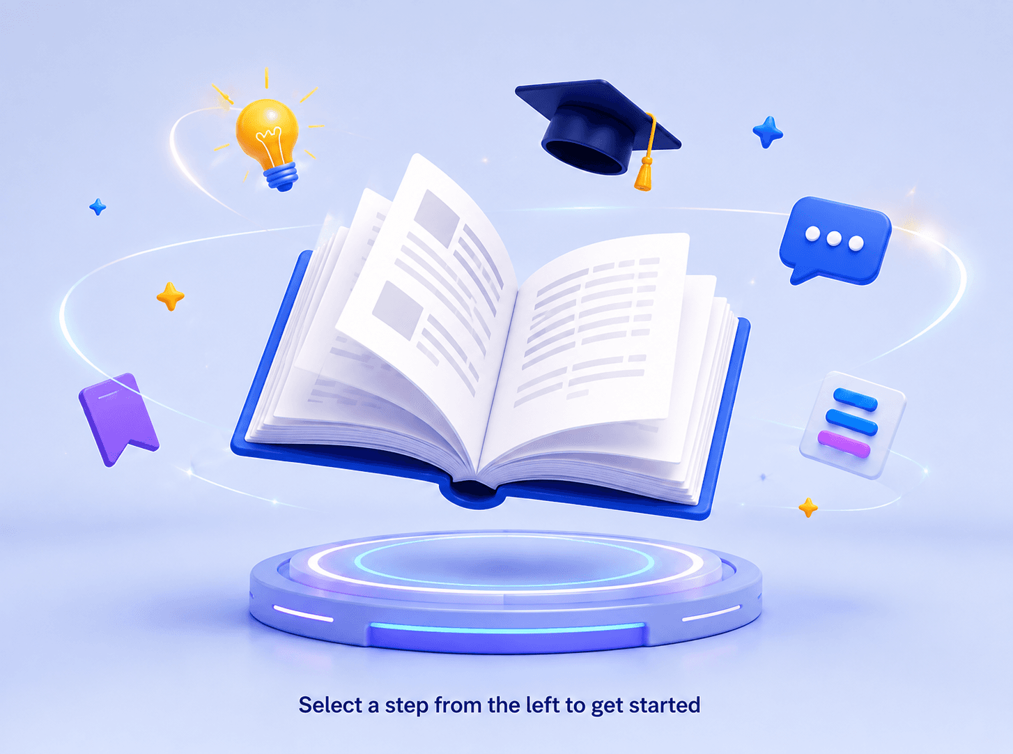 An open textbook surrounded by floating study icons